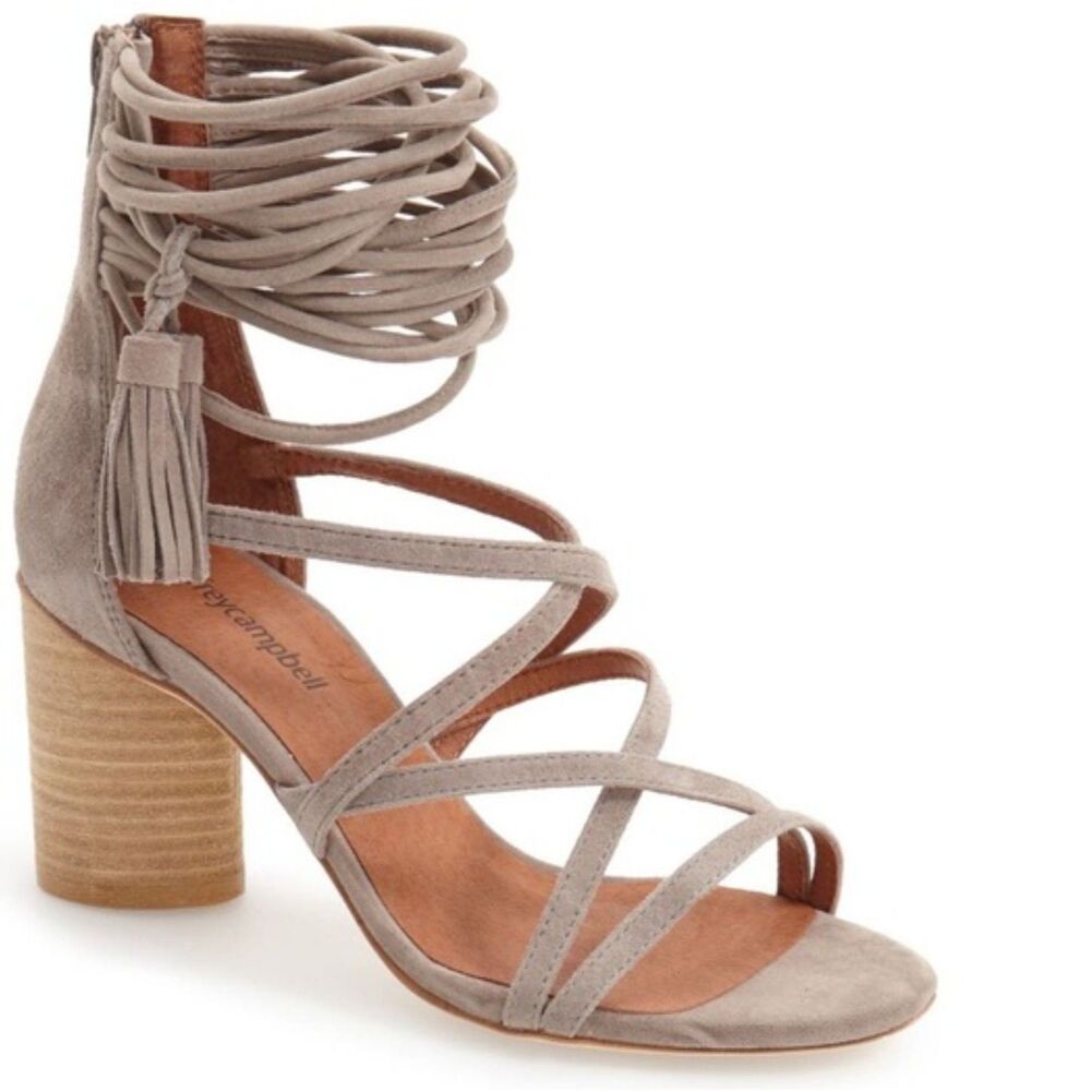 Jeffrey Campbell Block Heel Sandals 7.5 Tassel Festival Boho Chic Gray Despina